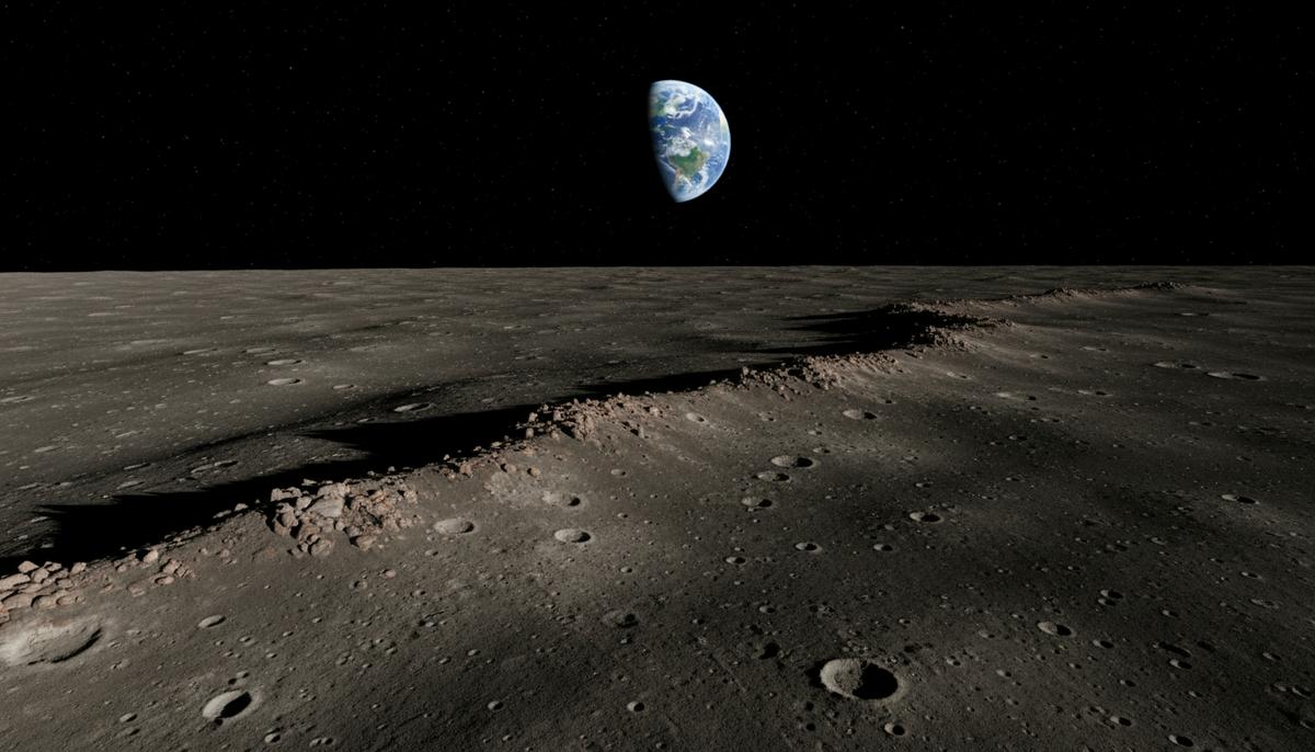 Новая карта Луны выявила тысячи зон недавней тектонической активности Низкий скалистый хребет на темной равнине лунного моря. Длинные тени подчеркивают рельеф поверхности Луны на фоне черного космоса.