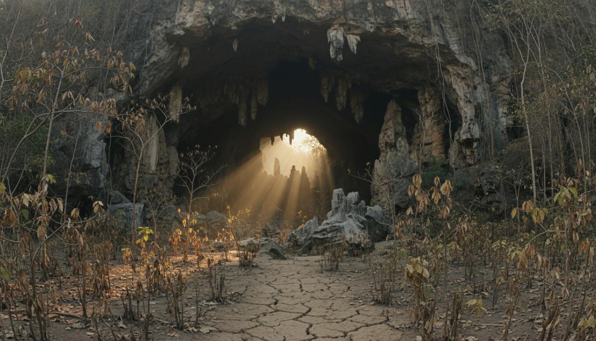 Вход в большую известняковую пещеру Лянг-Буа на острове Флорес. Окружающая тропическая растительность выглядит сухой и увядшей от засухи.