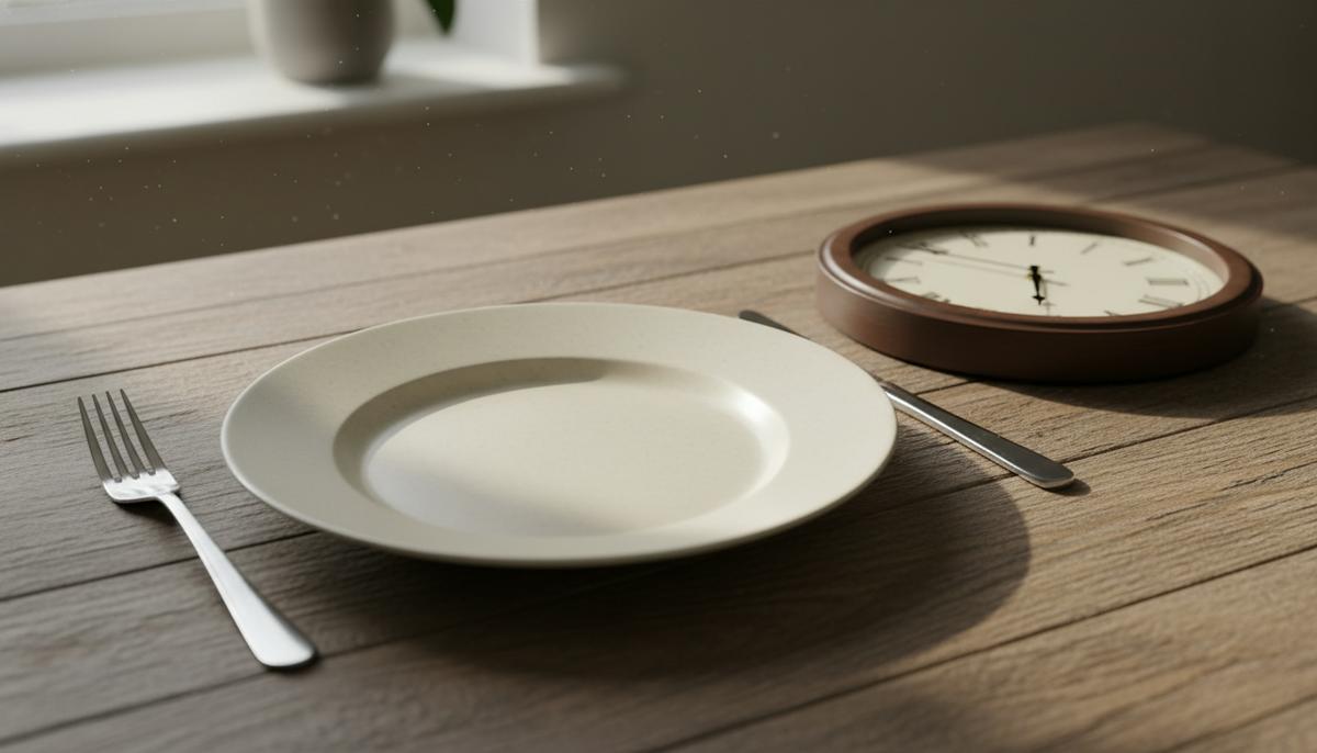 Пустая тарелка с вилкой и ножом рядом с настольными часами, символизирующими интервальное голодание или диету.