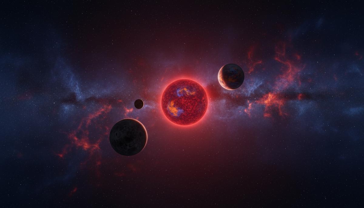 Найдена система со скалистой планетой на внешней орбите Планетарная система звезды красный карлик. На переднем плане – скалистая планета, далее – два газовых гиганта и звезда.