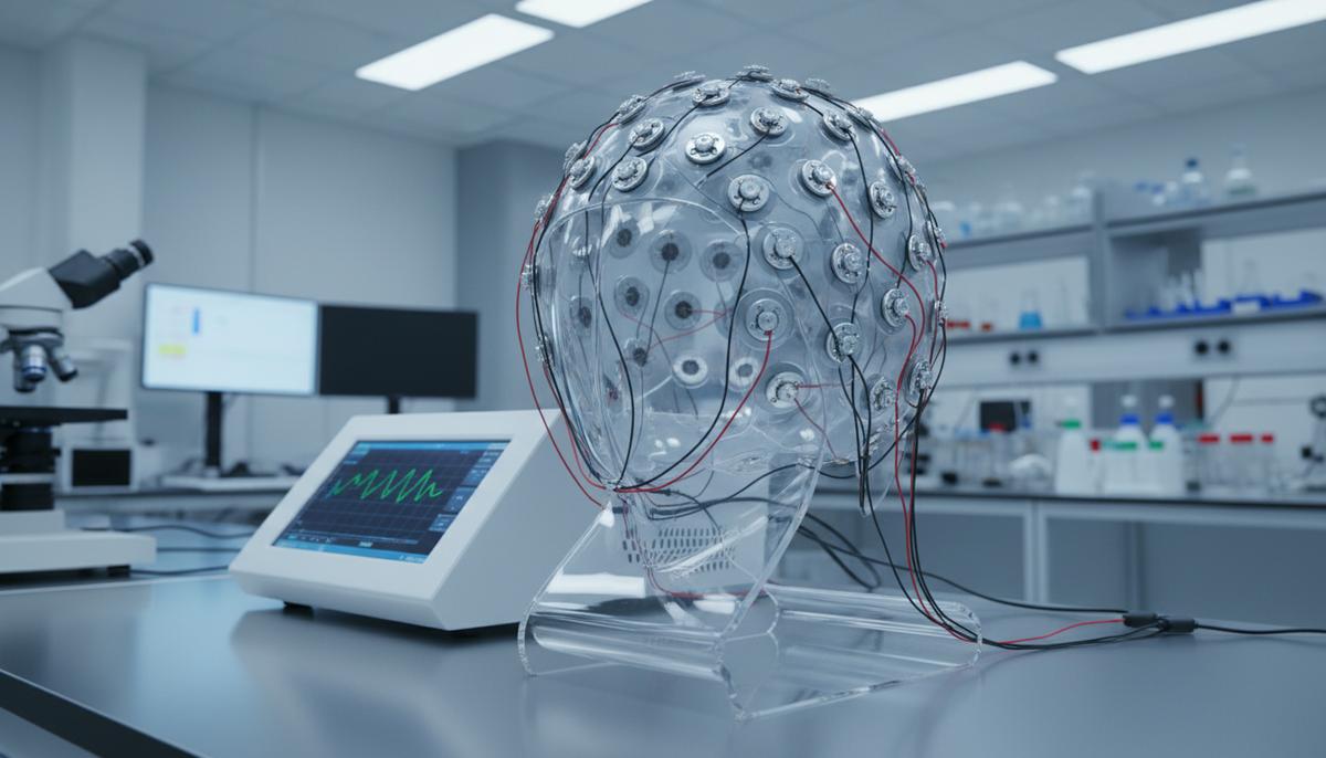 Шапочка с электродами для неинвазивной стимуляции мозга, подключенная к аппарату в научной лаборатории.