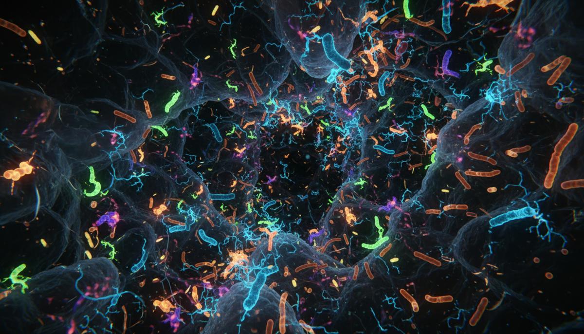 Новая группа бактерий CAG-170 оказалась маркером здоровья Абстрактное изображение микробиома кишечника: скопление разнообразных светящихся микроорганизмов и бактерий внутри.
