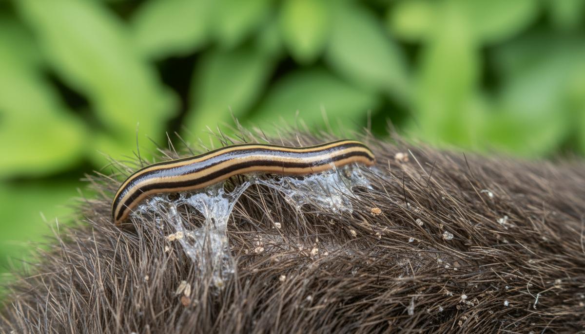 Полосатый плоский червь Caenoplana variegata крупным планом на клочке темной шерсти домашнего животного в саду.