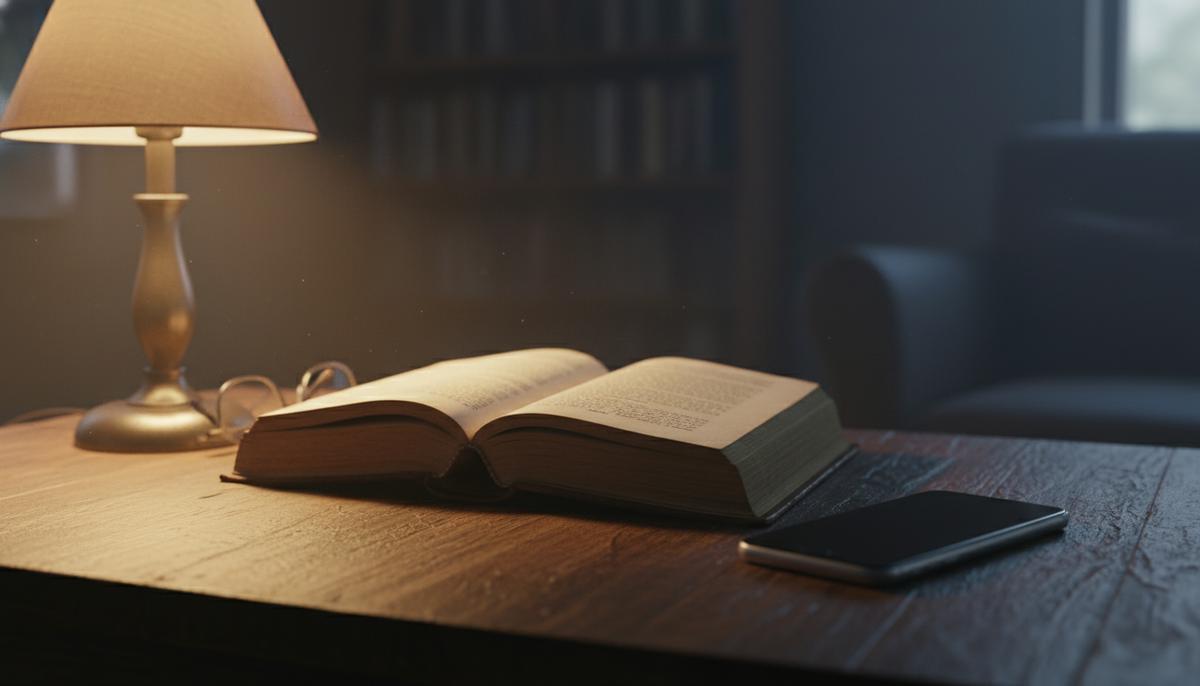 Открытая книга и смартфон лежат на деревянном столе в комнате с тусклым освещением, создающим мягкие тени.