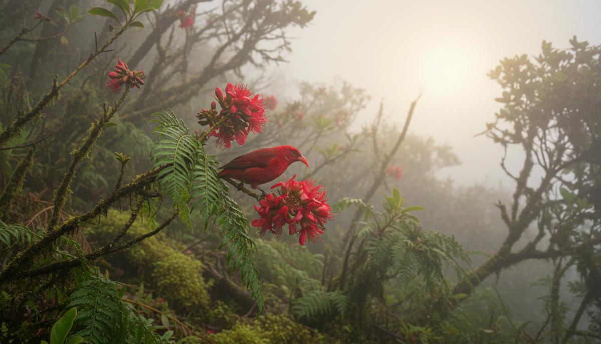 Почти все птицы Гавайев оказались переносчиками смертельной малярии Ярко-красная гавайская цветочница ииви сидит на цветке дерева охиа лехуа в густом тропическом лесу Гавайев.
