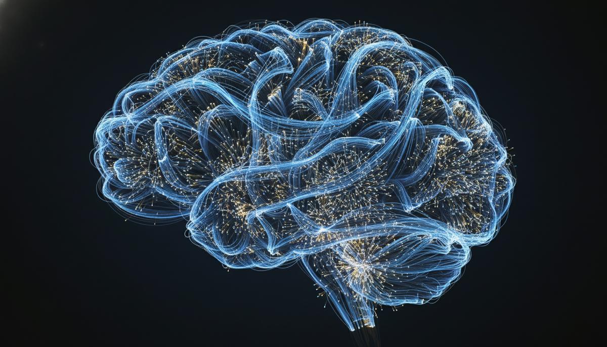 Визуализация нейронной сети человеческого мозга в виде светящихся волокон и путей, соединяющих разные области, на темном фоне.