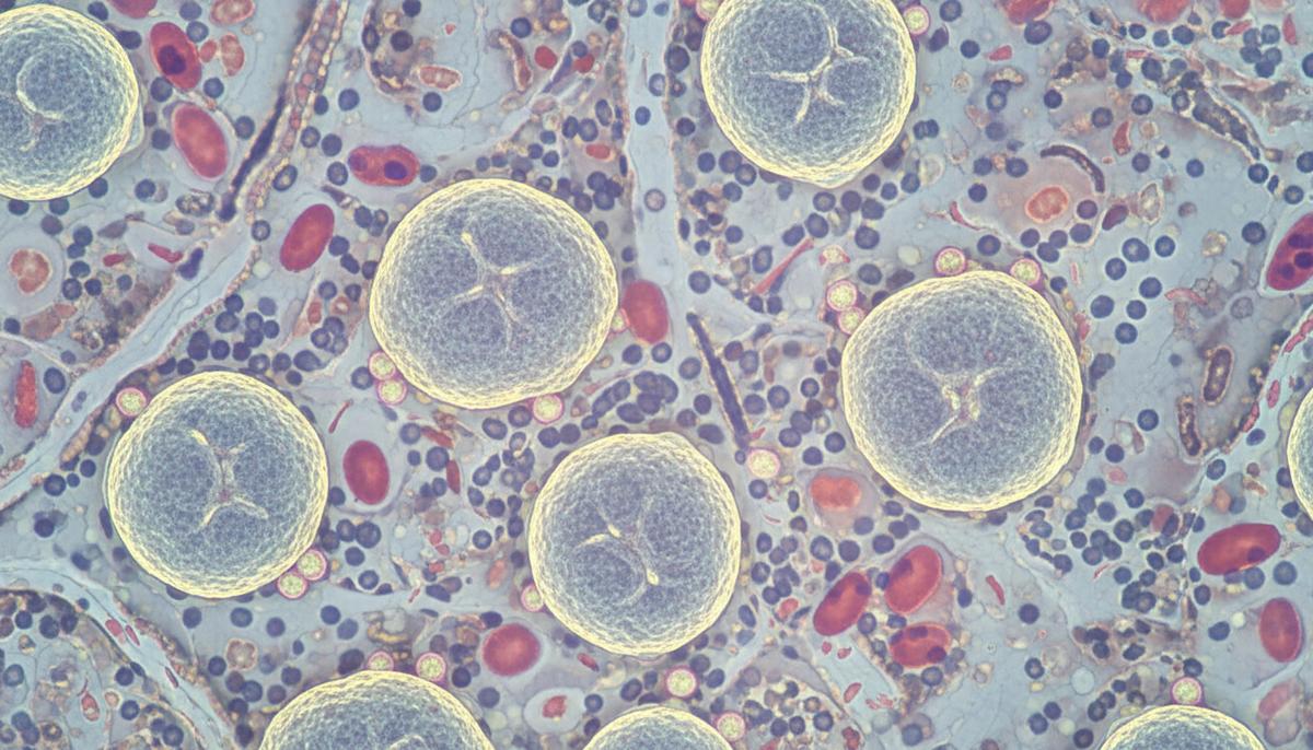 Ученые нашли природный механизм для борьбы с хроническим воспалением Микроскопическое изображение моноцитов, белых кровяных телец, в ткани человека. Маленькие жировые молекулы окружают клетки.