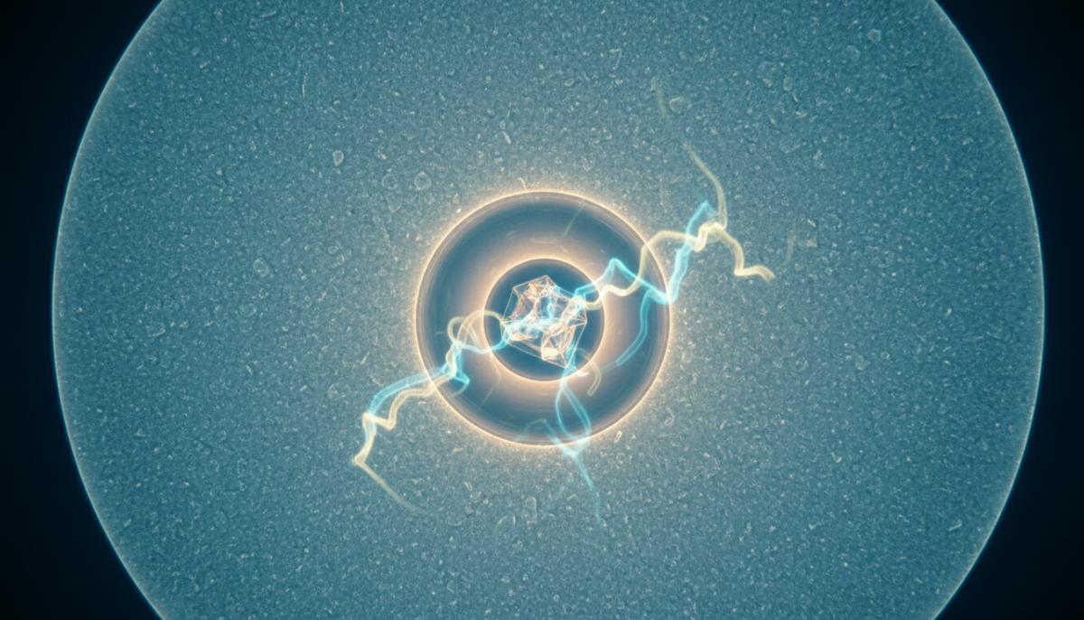Увеличенное изображение нанопоры в мембране из нитрида кремния. Внутри поры видны кристаллы осадка и светящиеся потоки ионов.