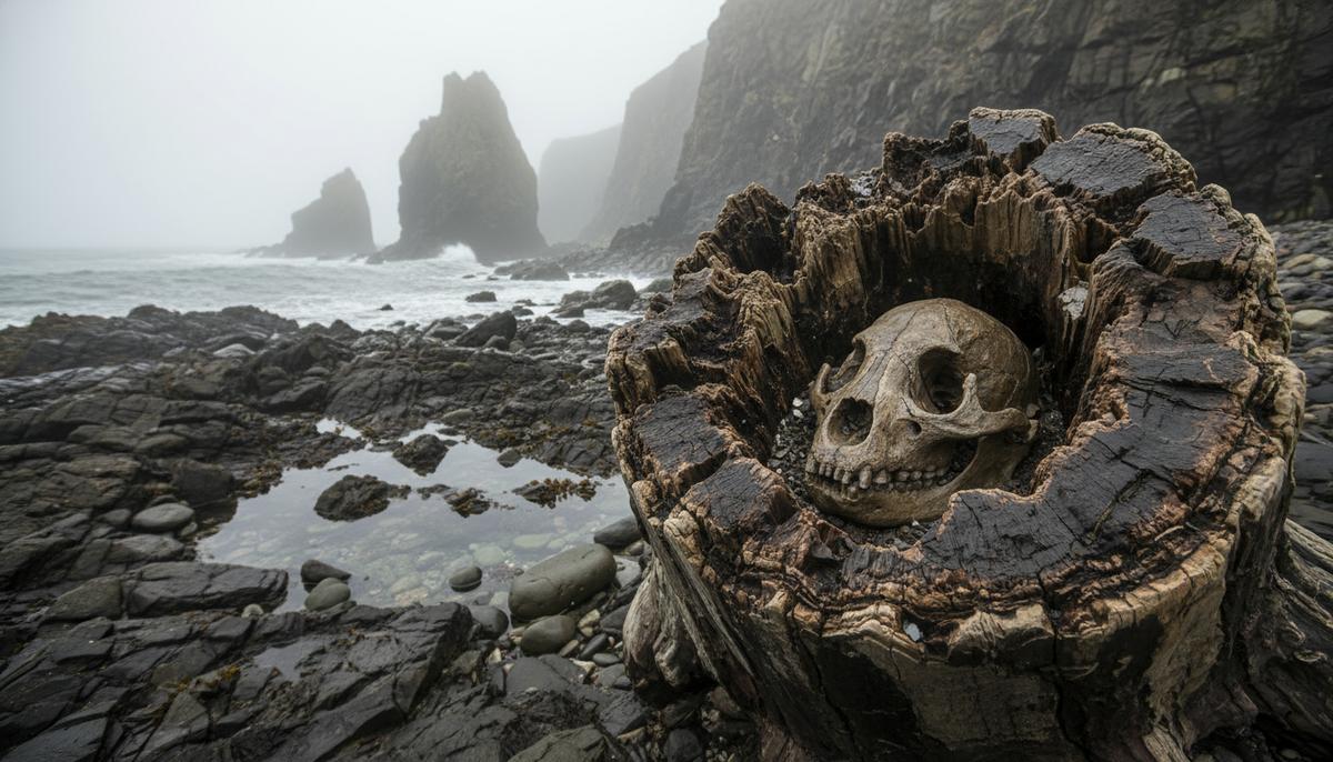 Маленький ископаемый череп древнего животного внутри окаменевшего пня на скалистом берегу у подножия утесов.