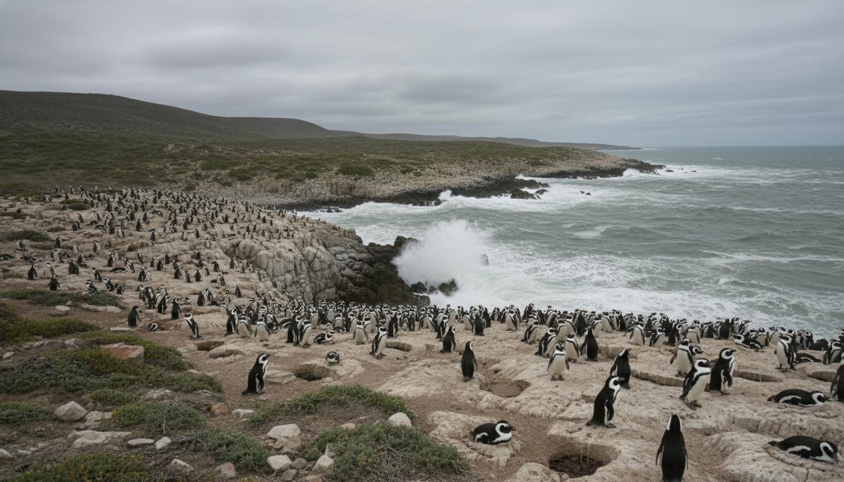 Большая колония магеллановых пингвинов на скалистом и обдуваемом ветрами побережье национального парка Монте-Леон в Патагонии.