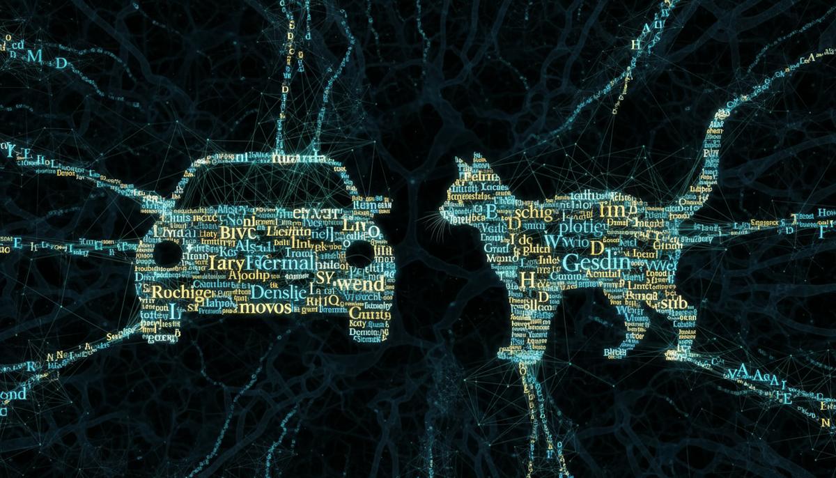 Абстрактная сеть из светящихся букв и слов, которые складываются в узнаваемые очертания кошки и автомобиля на темном фоне, напоминающем нейронные связи.