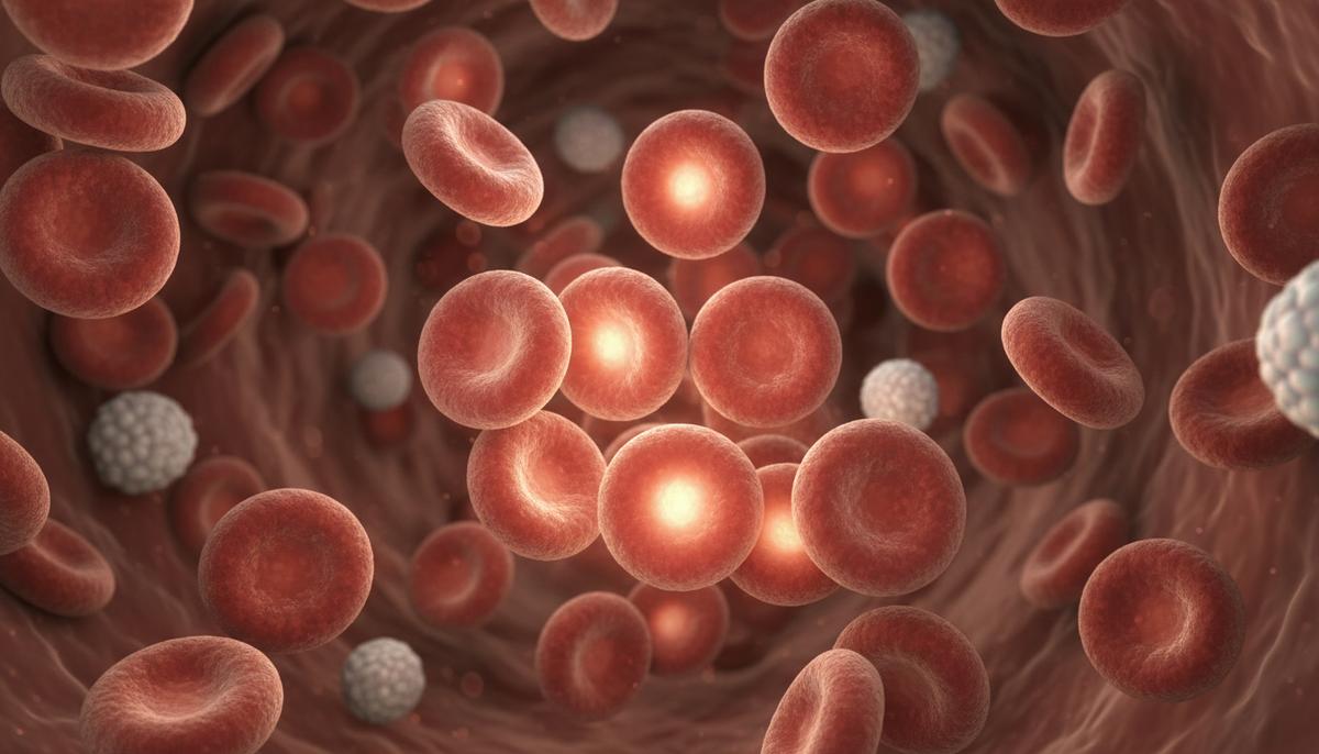 Эритроциты объяснили связь между высотой и риском диабета Микроскопическое изображение эритроцитов, красных кровяных телец, в кровеносном сосуде. Клетки плотно расположены друг к другу.