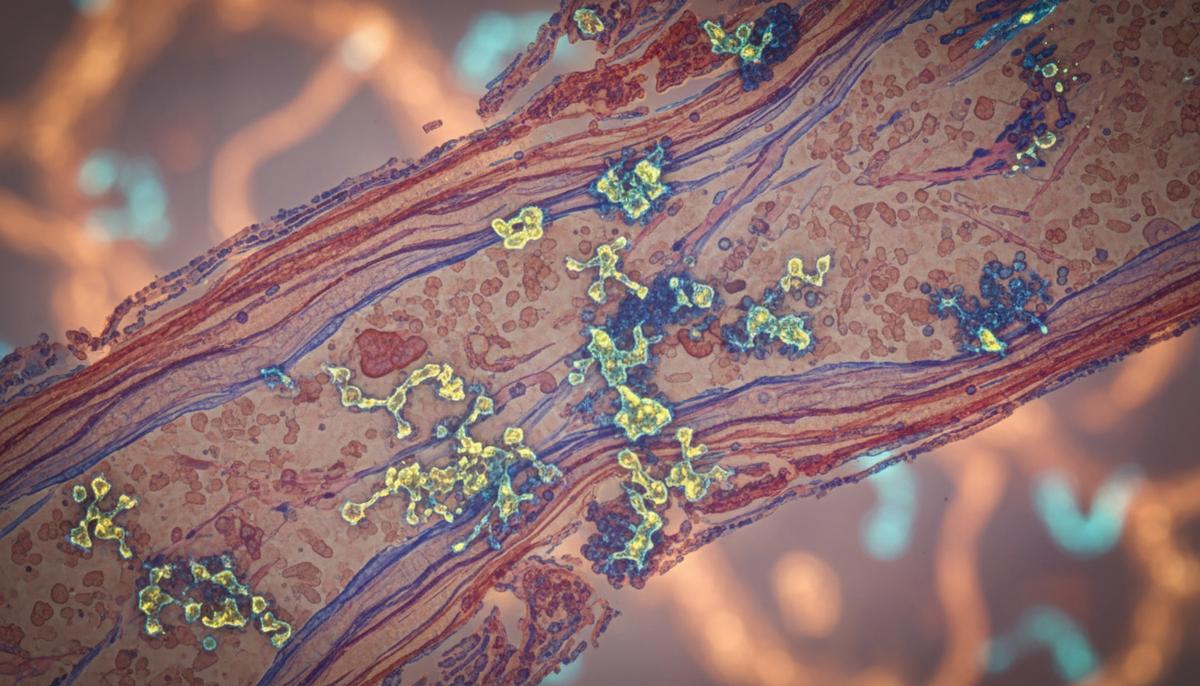 Микроскопическое изображение сетчатки глаза с нейронами и признаками бактериальной инфекции на фоне нервных клеток мозга.