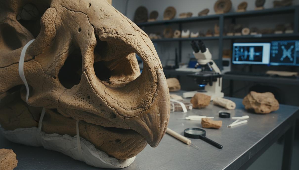 Ископаемый череп трицератопса с крупной носовой полостью на стенде в палеонтологической лаборатории.