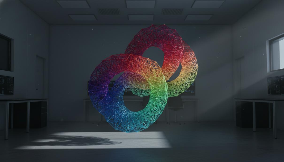 Абстрактная трехмерная модель искривленного цветового пространства в виде сложной решетки с плавными цветовыми переходами.