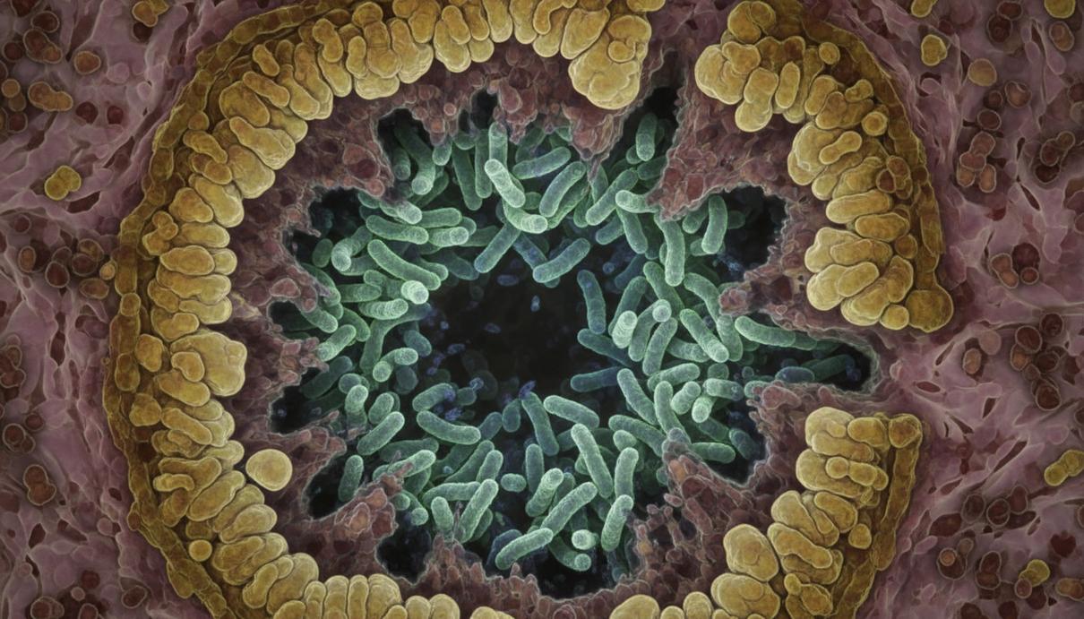 Микроскопическое изображение: скопление палочковидных бактерий в некротическом ядре раковой опухоли, окруженном больными клетками.