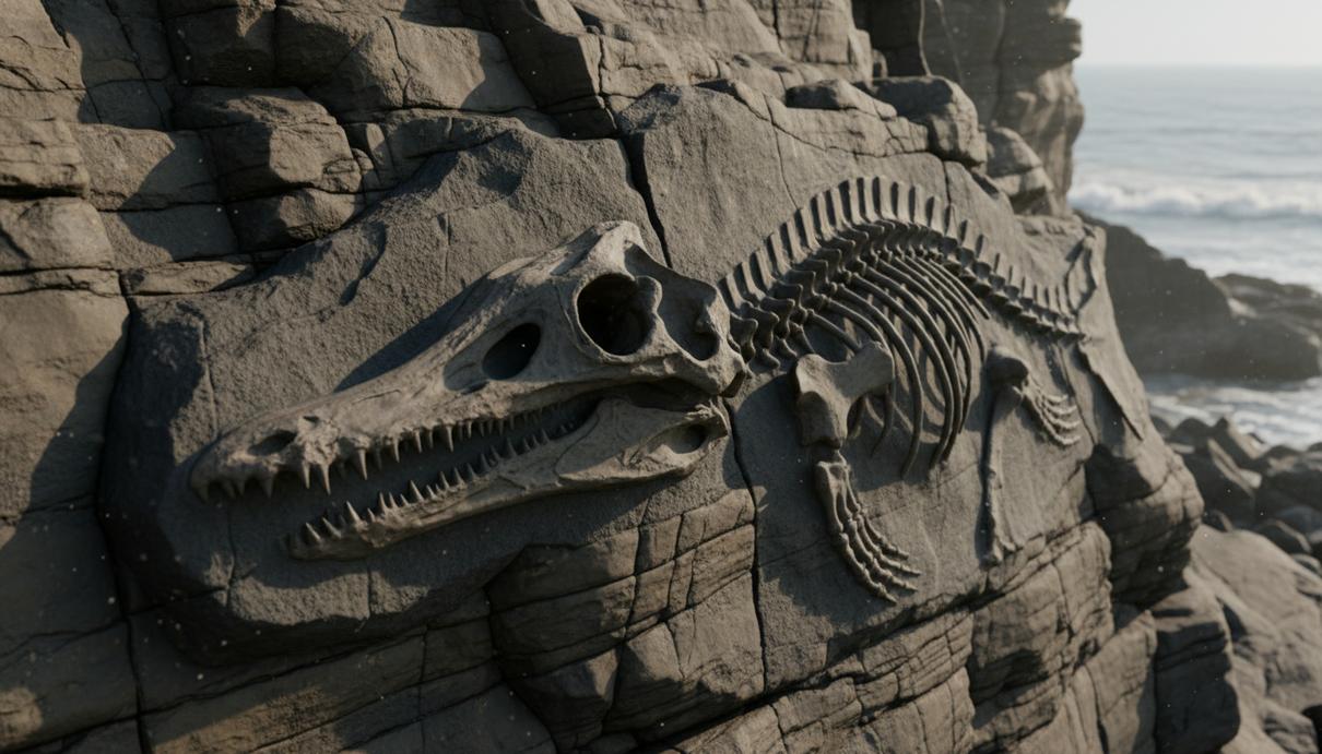 Полностью сохранившийся скелет ихтиозавра в темной сланцевой породе на скалистом побережье юрского периода.