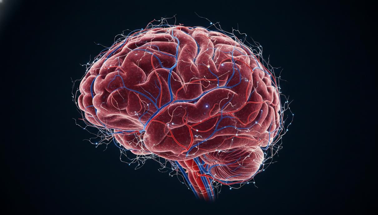 Детальная трехмерная модель сосудистой системы человеческого мозга со светящимися артериями и венами на темном фоне.