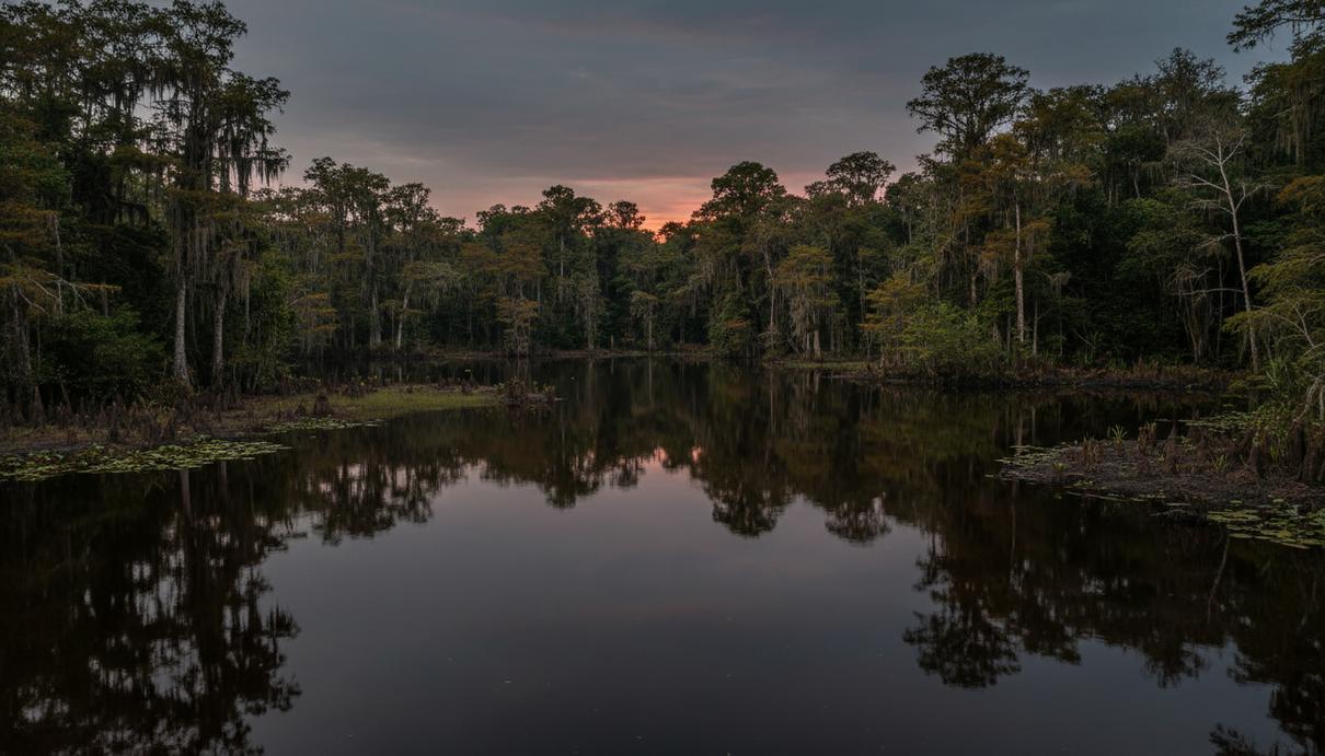 Темноводное озеро Май-Ндомбе в бассейне реки Конго, окруженное густыми тропическими болотистыми лесами и торфяниками.