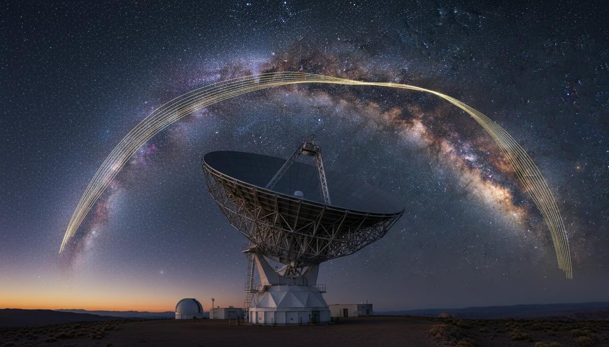 Большая антенна радиотелескопа на фоне ночного неба, где видна яркая полоса Млечного Пути со светящимися линиями, показывающими структуру магнитного поля.