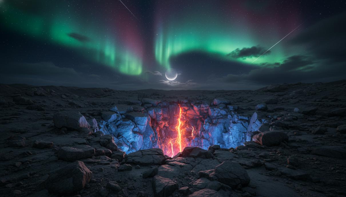 Глубокая светящаяся трещина в скалистой земной коре под ночным небом с ярким полярным сиянием от солнечной бури.