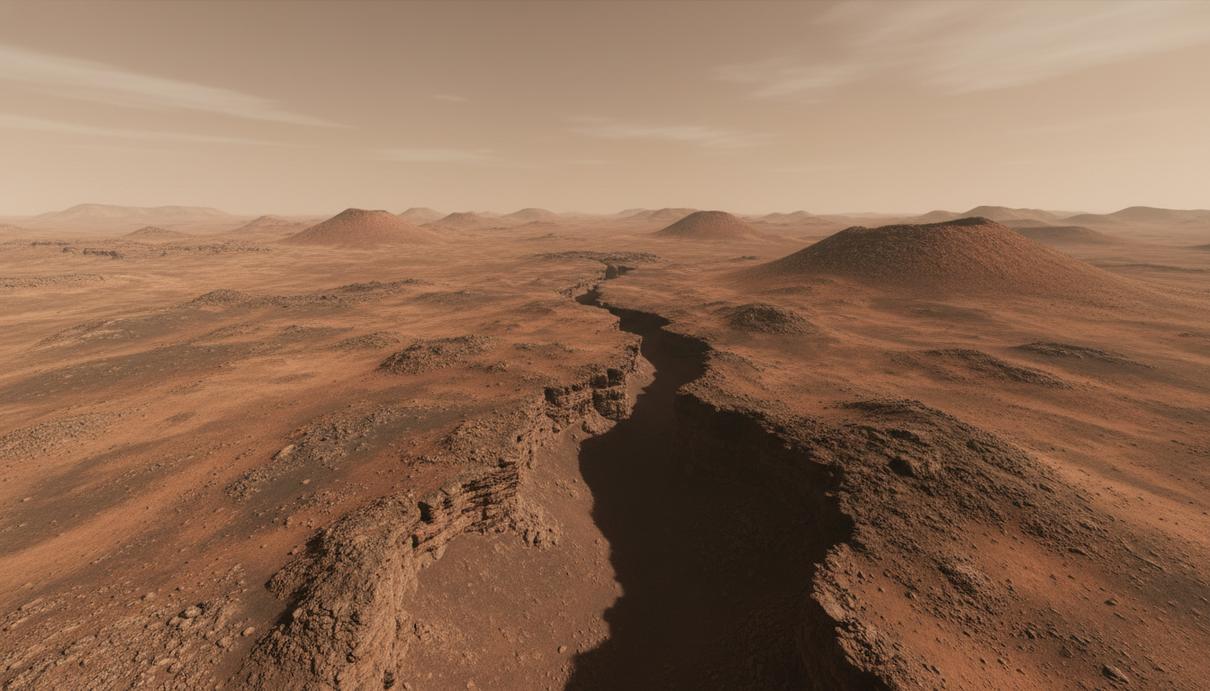 Марсианский пейзаж с вулканической трещиной и конусообразными жерлами на красно-коричневой равнине под пыльным небом.