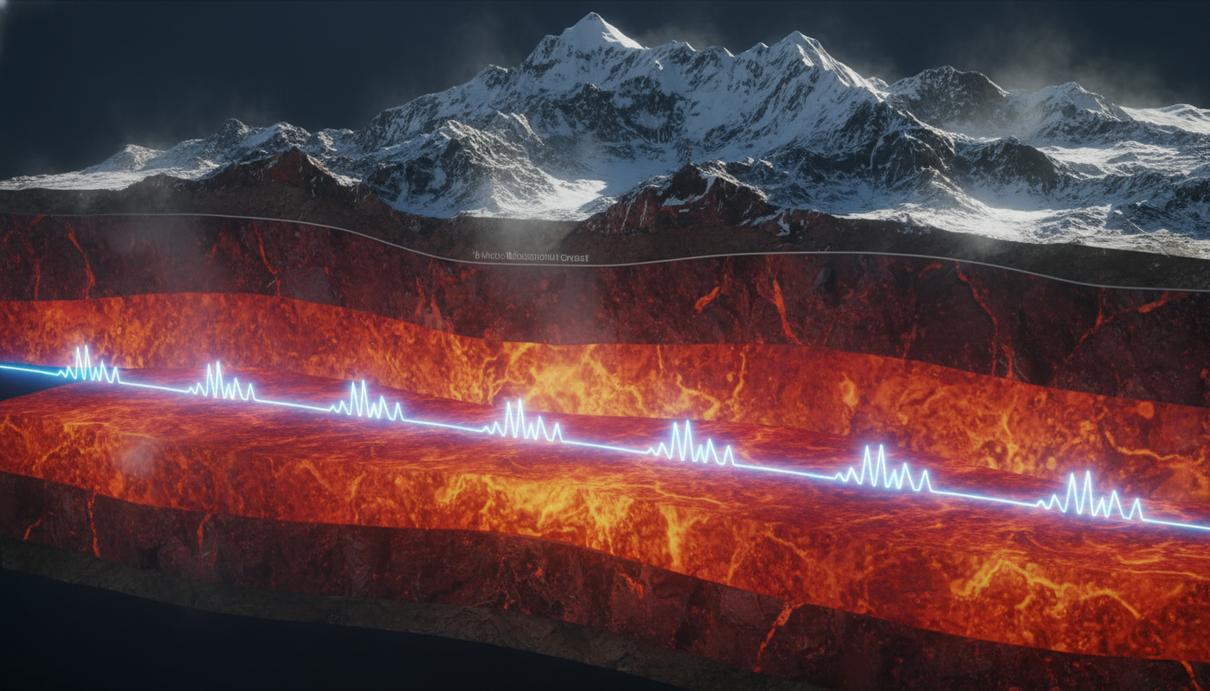 Геологический разрез Земли со слоями коры и верхней мантии. Сейсмическая волна исходит из глубин под горным хребтом.