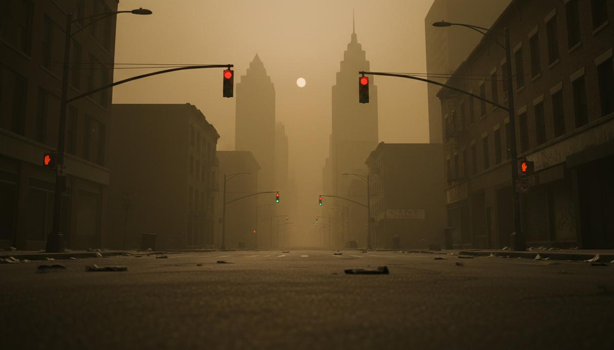 Пустая городская улица, окутанная густым смогом, с многоэтажными домами, скрывающимися в желтоватой дымке загрязненного воздуха.