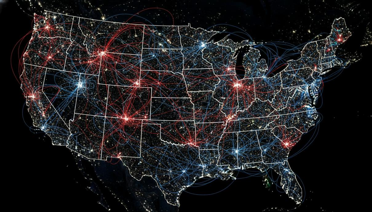 Карта США в ночное время со светящимися линиями, соединяющими крупные города и показывающими пути распространения вируса.