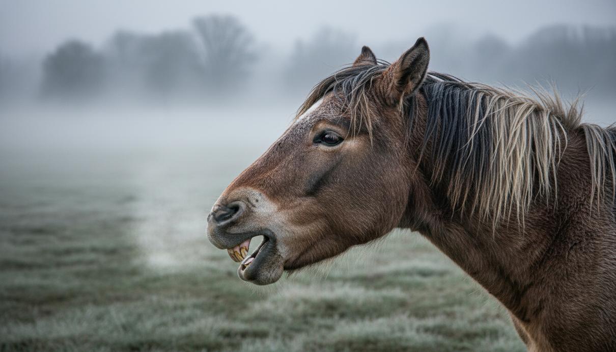 Крупный план головы ржущей лошади в тумане, из ноздрей идет пар.