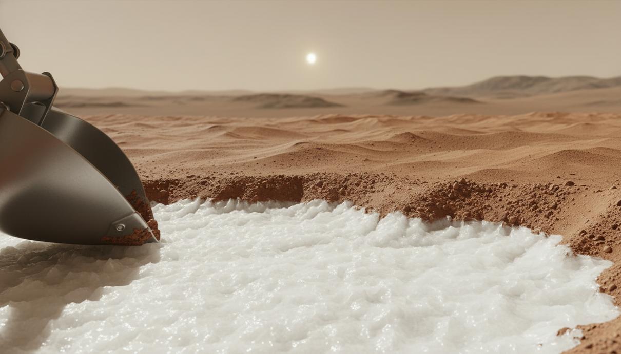 Роботизированный ковш на поверхности Марса счищает красный грунт, обнажая под ним толстый слой чистого белого водяного льда.
