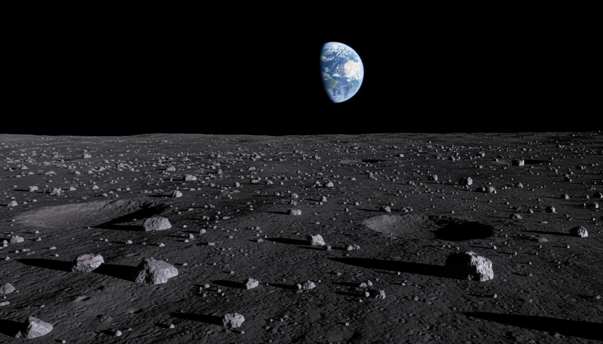 Темные вулканические породы на поверхности Луны в районе Моря, на заднем плане в черном небе видна планета Земля.