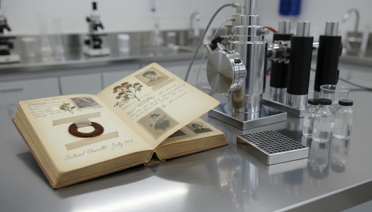 Старинный открытый альбом с локоном волос на пожелтевшей странице лежит в научной лаборатории рядом с современным оборудованием.