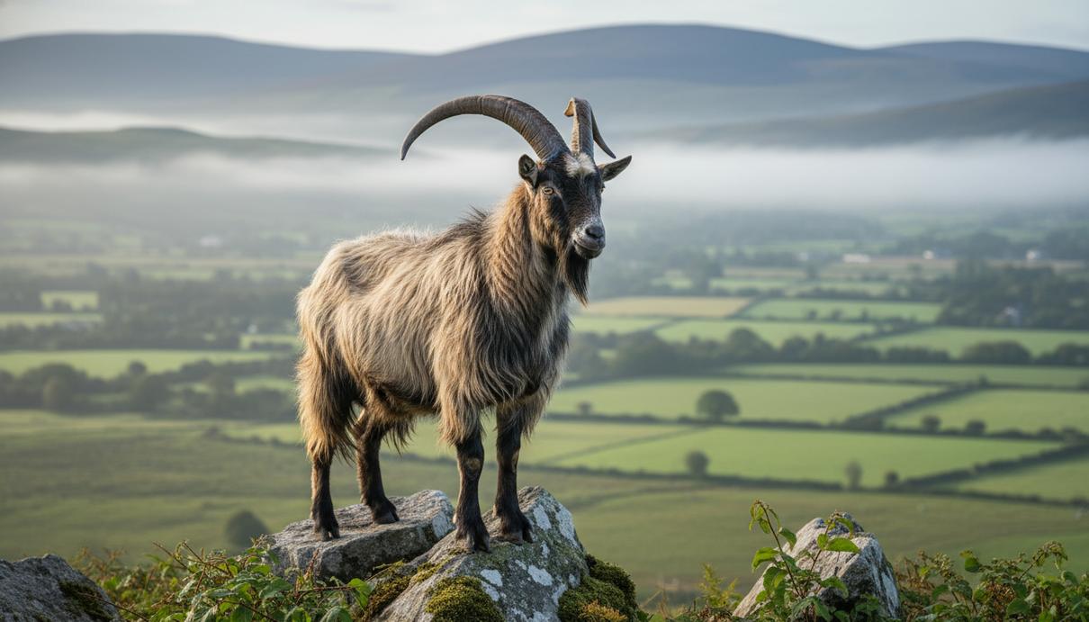 Старая ирландская коза с длинной шерстью и изогнутыми рогами стоит на мшистой скале на фоне туманной зеленой долины и холмов Ирландии.