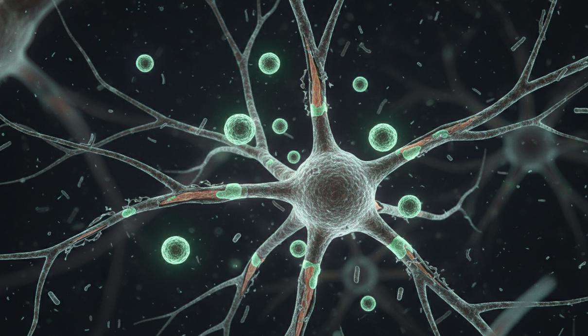 Микроскопическое изображение вирионов вируса Эпштейна–Барр рядом с нейронами, чья защитная миелиновая оболочка повреждена.