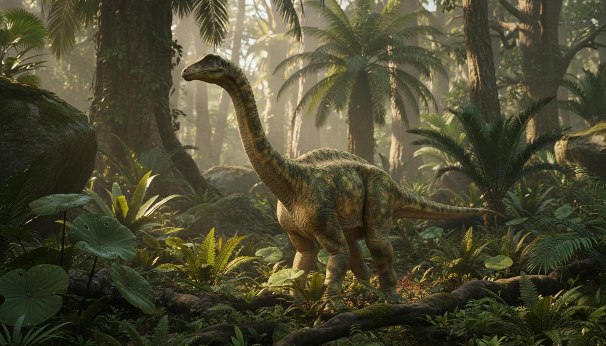 Маленький детеныш динозавра брахиозавра ест папоротники и другую низкую растительность в густом доисторическом лесу.