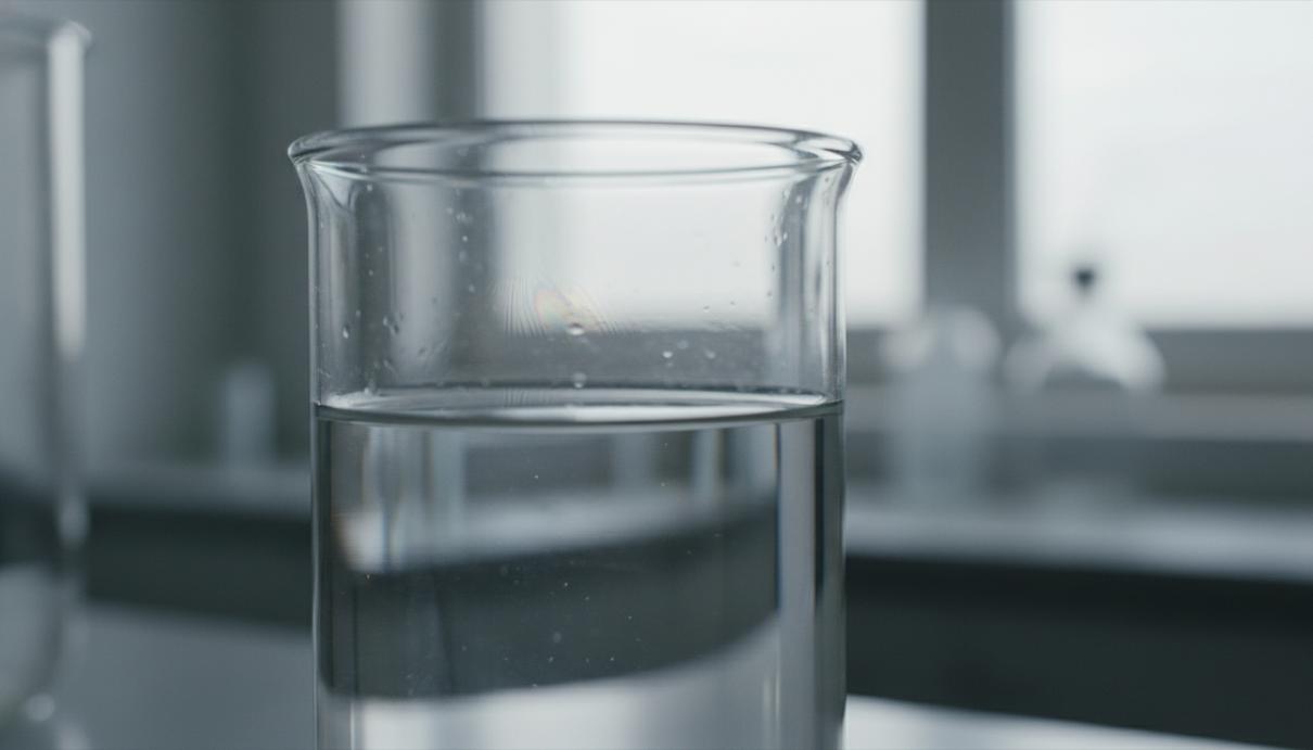 Стакан с чистой питьевой водой, на поверхности которой видна тонкая маслянистая пленка химического загрязнения в лаборатории.