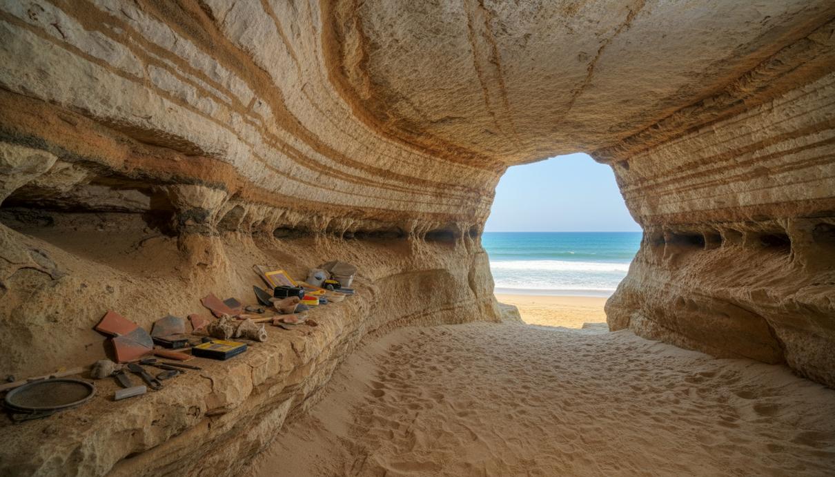 Внутренний вид древней пещеры на побережье Марокко, где видны слои осадочных пород и инструменты археологов.