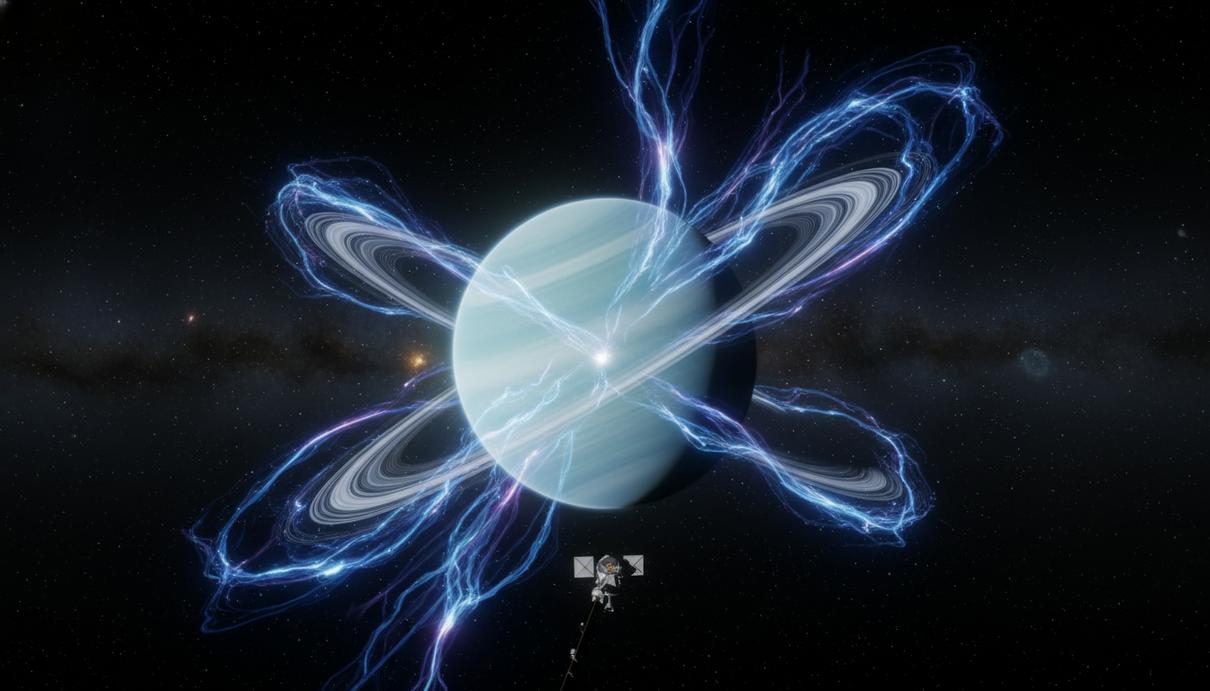 Планета Уран с тонкими кольцами в космосе, окруженная потоками светящихся частиц, изображающими солнечный ветер и радиационные пояса.