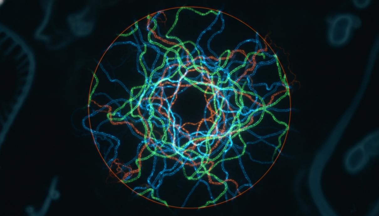Микроскопическое изображение клеточного ядра эмбриона с переплетенными нитями ДНК, образующими сложную трехмерную структуру.