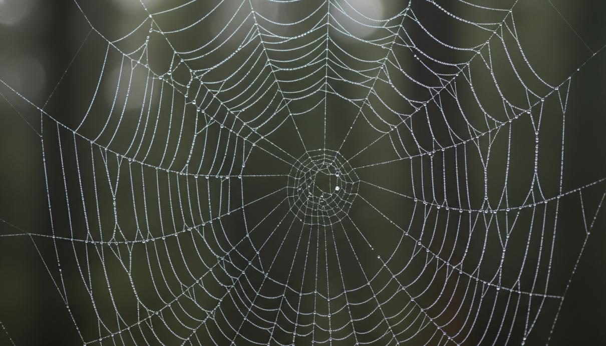 Крупный план паутины с каплями утренней росы. Отдельные нити паучьего шелка переплетаются, создавая прочную структуру.