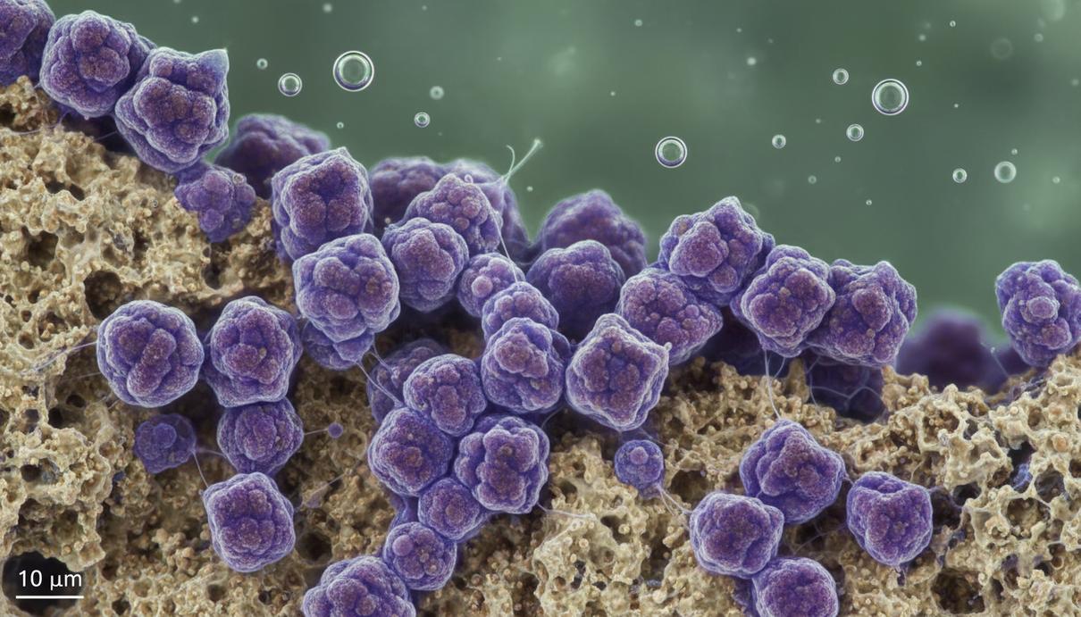 Колония метаногенных архей Methanosarcina acetivorans под микроскопом на питательной среде.