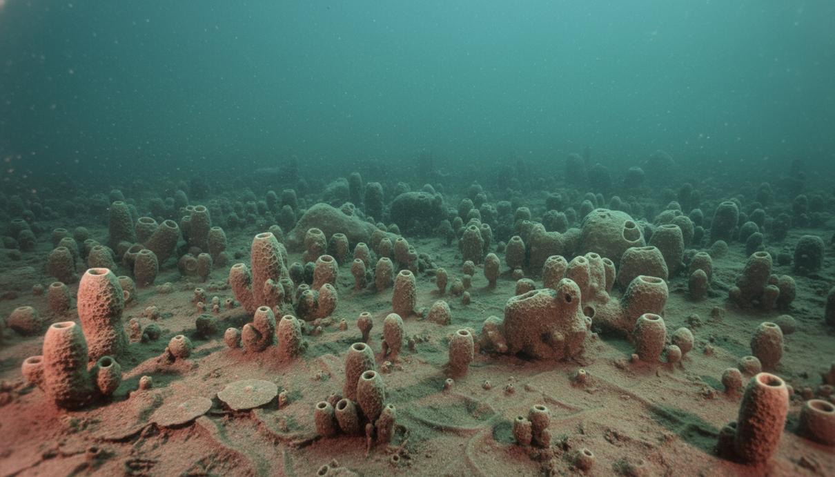 Древний подводный мир эдиакарского периода с колонией мягкотелых губок, образующих примитивный риф на морском дне.