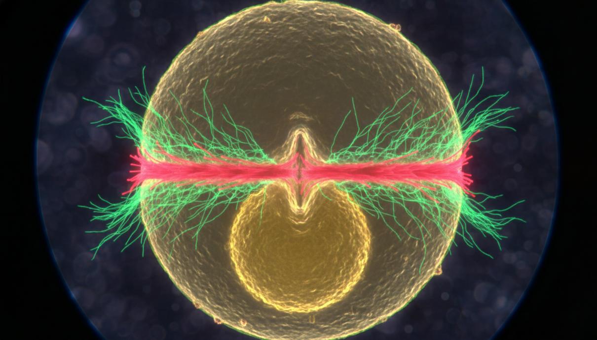 Крупная эмбриональная клетка рыбки данио в процессе деления. Внутри виден большой желток и клеточные структуры.