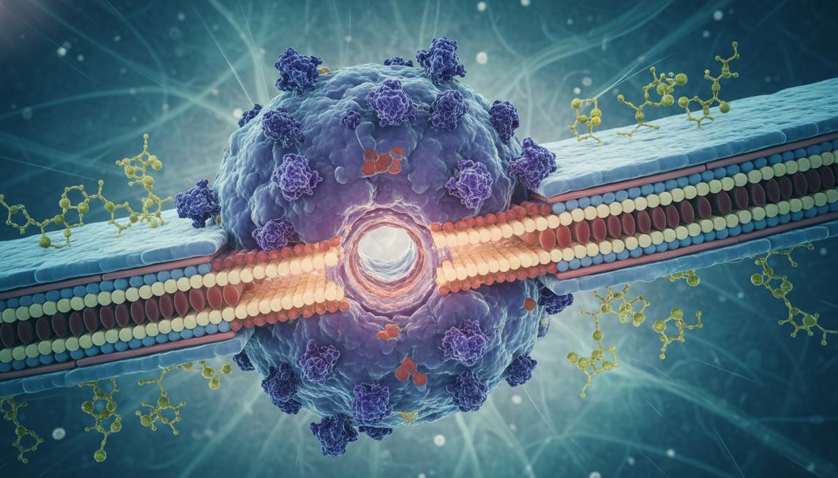 Микроскопическое изображение вирусных белков, блокирующих белок MurJ на мембране бактериальной клетки для остановки роста.