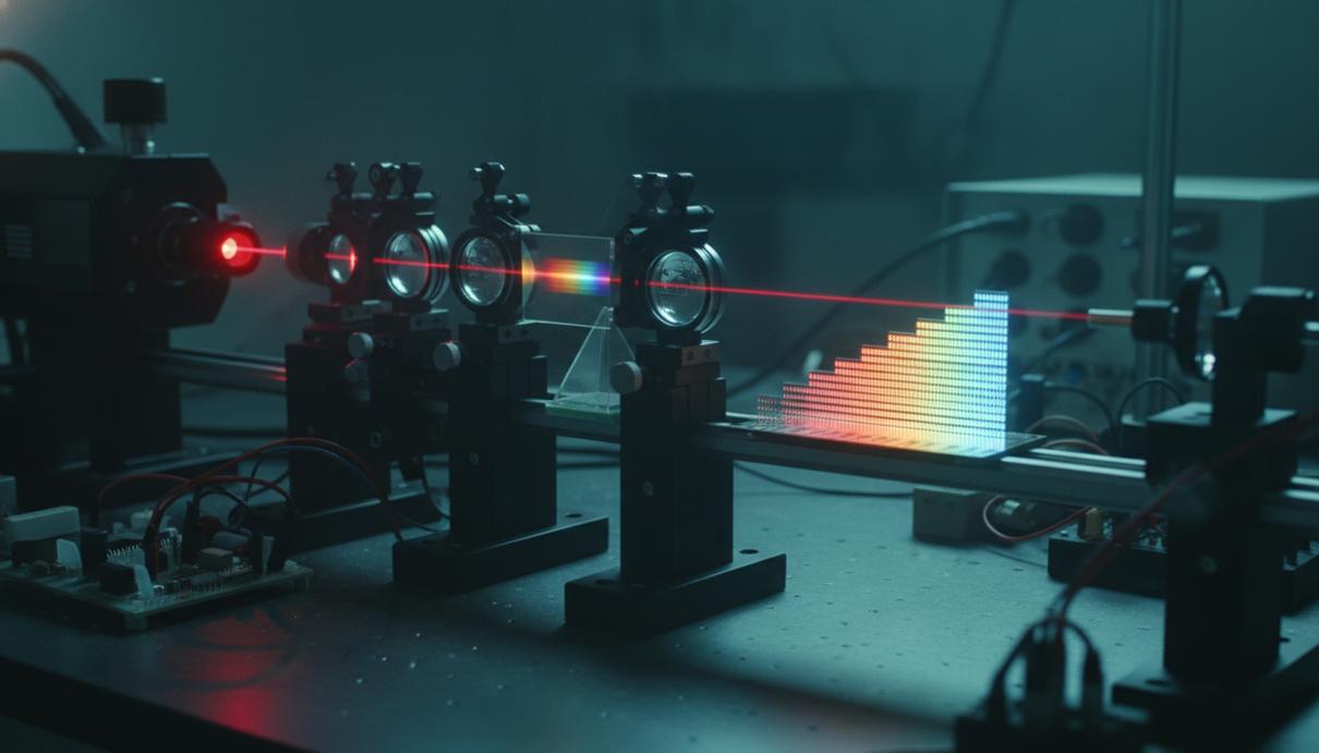 Сложная оптическая установка в темной лаборатории. Яркий лазерный луч проходит через систему линз и призм на столе.