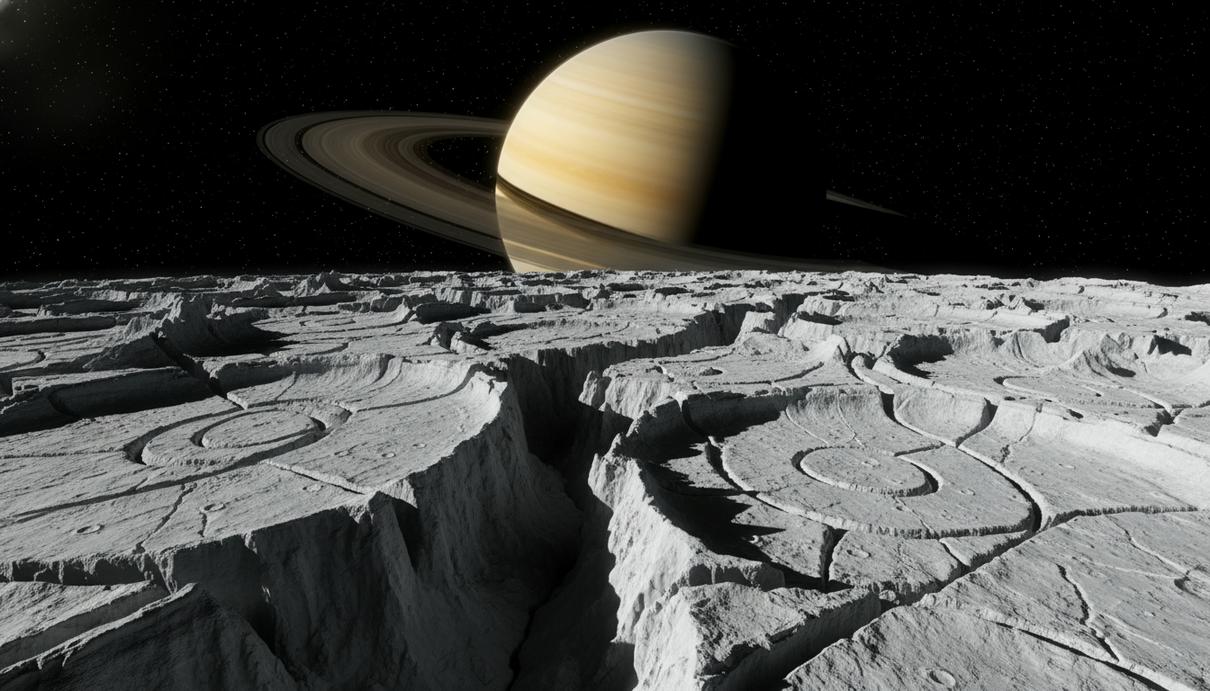 Ледяная поверхность спутника с гигантскими утесами, каньонами и хребтами. В темном звездном небе видна большая планета с кольцами.