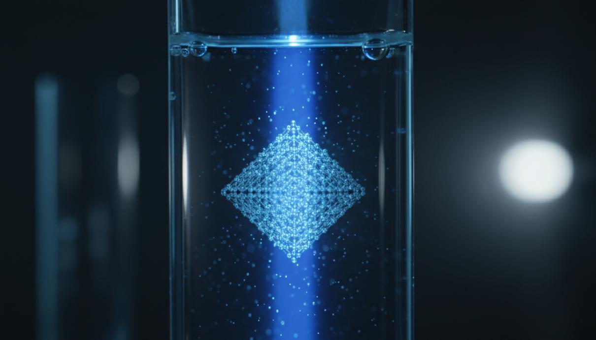 Сфокусированный световой луч в прозрачной жидкости, формирующий упорядоченную кристаллическую структуру из микроскопических частиц.