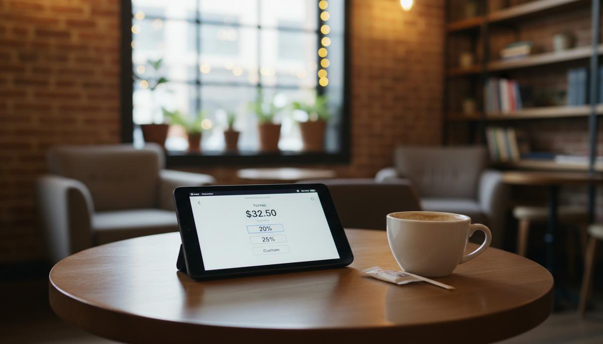 Столик в кафе с чашкой кофе и платежным терминалом, на экране которого видны предложенные варианты чаевых.