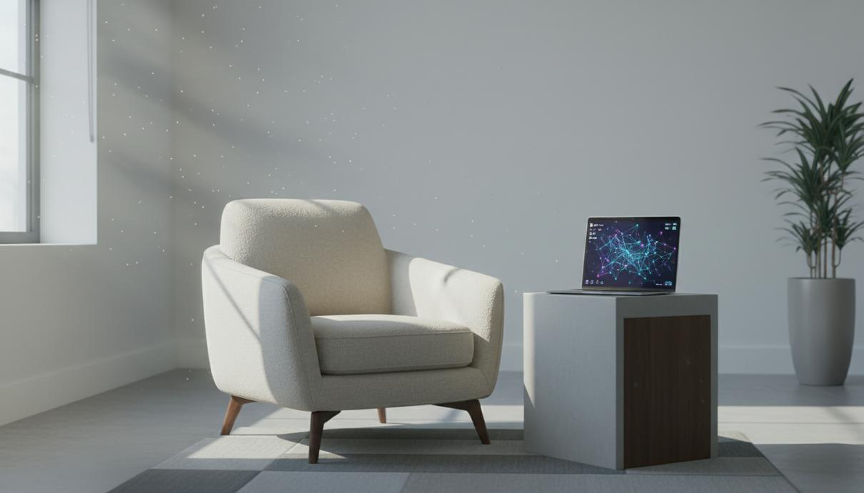 Пустой кабинет психотерапевта с креслом и столиком, на котором стоит ноутбук со светящимся абстрактным изображением на экране.